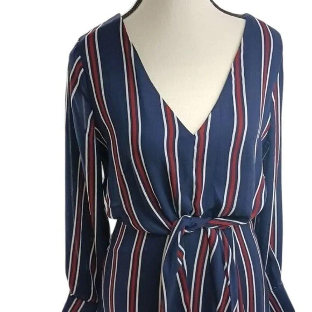 Lulus Womens Size XS Dress Navy Red White Striped Long Sleeve Tie Waist Mini